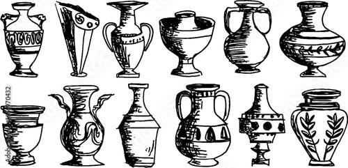 Collection of hand drawn decorative greek amphorae for historical design