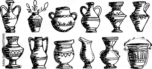 Hand drawn greek amphorae collection for decorative art and education