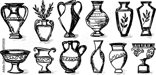 Hand drawn decorative greek amphorae set for artistic design and print projects