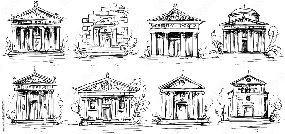 Obraz premium Hand drawn collection of decorative greek temples for artistic design