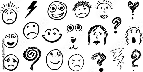 Expressive collection of hand drawn decorative smiley faces for creative design