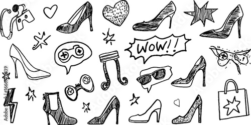 Collection of hand drawn decorative high heels and fashion doodles