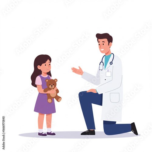 Doctor comforting child with teddy bear medical checkup healthcare illustration