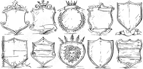 Set of hand drawn decorative kite and round shields for design and decoration