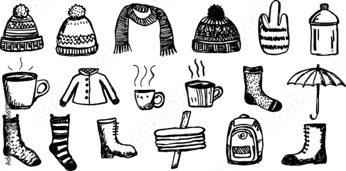 Cozy winter accessories collection with hand drawn knitted hats, warm clothing, and hot beverages