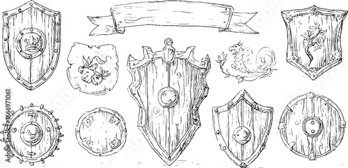 Set of hand drawn decorative kite and round shields for design and decoration