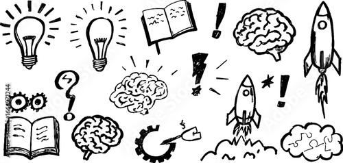 Creative hand drawn doodles of light bulbs, brain, rocket, and books for innovative design