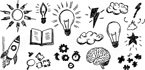 Creative set of hand drawn decorative light bulbs with rays and imaginative elements for design