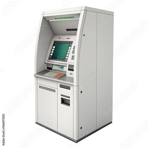 Realistic high resolution illustration of a modern ATM automated teller machine isolated on transparent background, banking and financial technology equipment for money withdrawal, cash deposit and di