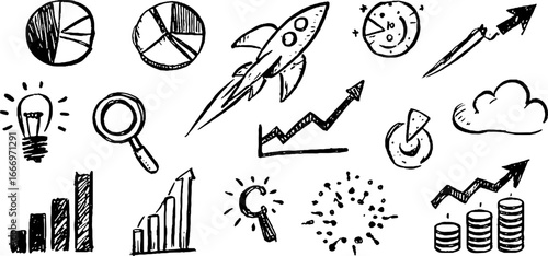Hand drawn decorative line charts and business icons for presentation design