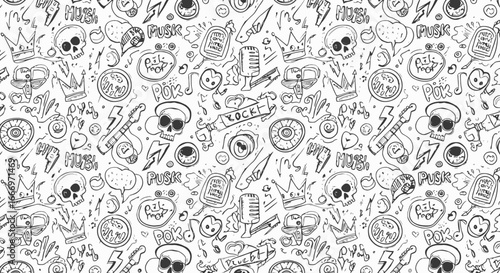 An artistic and edgy hand drawn seamless pattern featuring punk rock motifs like skulls lightning bolts guitars and various distressed typographic elements creating a dynamic and rebellious visual tex
