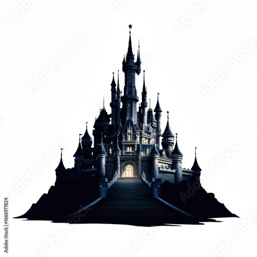 Majestic fantasy castle silhouette with tall spires and intricate architecture creating an enchanting mystical night scene perfect for fairy tale and fantasy art projects