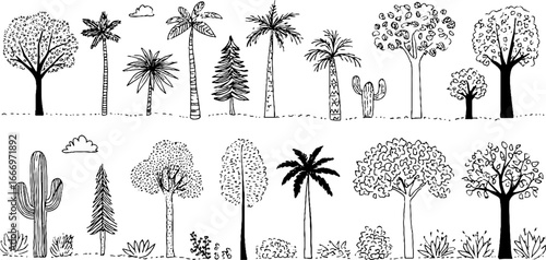 Set of hand drawn decorative tree doodles for design and art projects