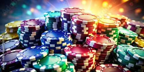 A vibrant pile of colorful casino chips, stacked high and ready for the game