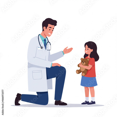 Doctor comforting child with teddy bear in medical office illustration