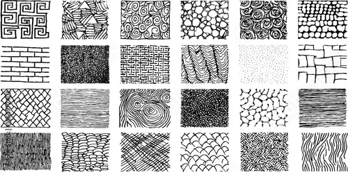 Collection of hand drawn decorative patterns inspired by greek meander for design projects