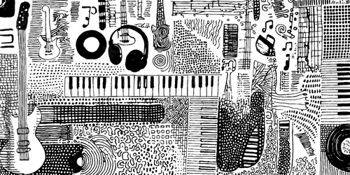 Hand drawn decorative pattern of musical instruments and notes