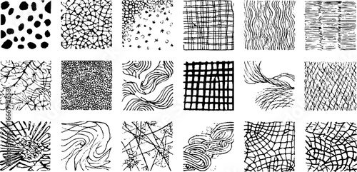 Hand drawn decorative patterns set with paint splashes for design and creativity