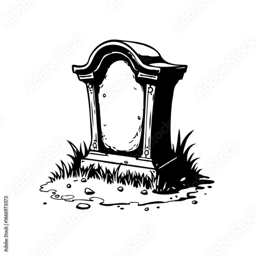 Ominous graveyard scene featuring a vintage headstone amidst overgrown grass in a monochrome