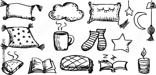 Set of hand drawn decorative pillow designs with cozy accessories for creative projects