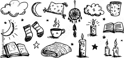 Cozy hand drawn decorative pillows and tassels set for home decor design
