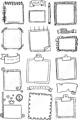 Creative hand drawn decorative frames and post-it note doodles collection for design