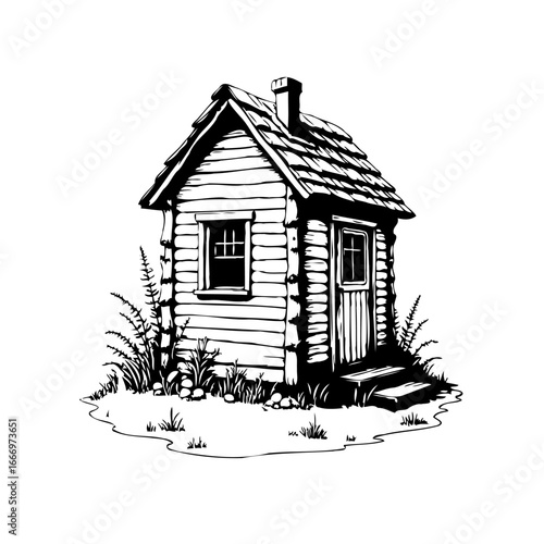 Rustic dwelling a quaint isolated cabin sketched black and white small house with chimney amidst