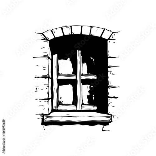 Rustic window illustration portrays antiquity architecture design features an old style structure