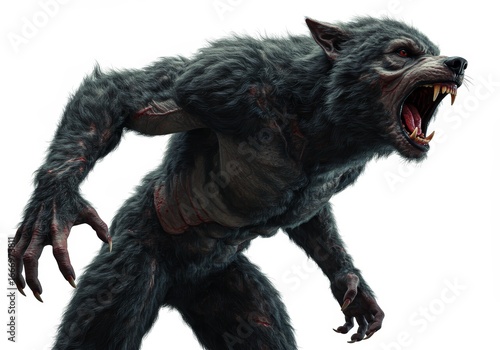 Fearsome werewolf illustration, snarling with sharp teeth and menacing gaze, a symbol of classic horror on a stark white background