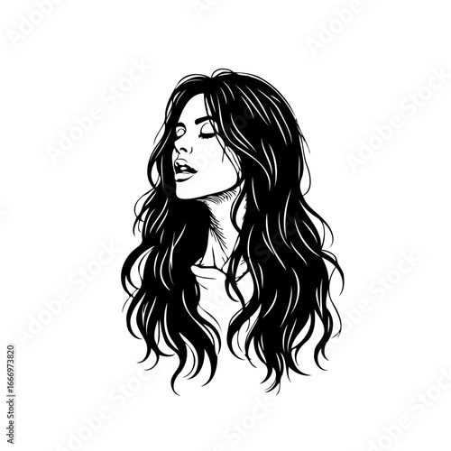 Serene woman portrait artwork displaying long wavy hair and relaxed expression rendered in stark
