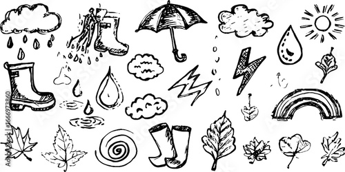 Set of hand drawn decorative weather symbols with raindrops and clouds for creative designs