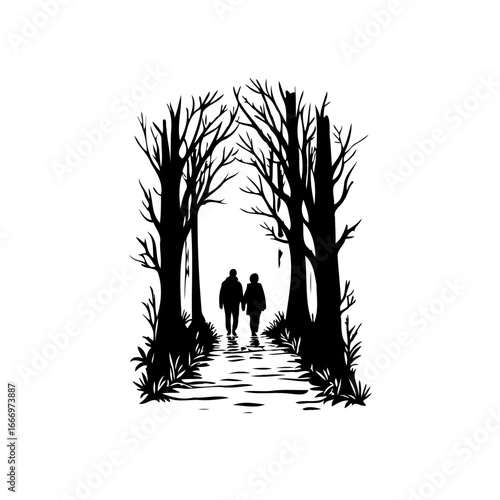 Silhouetted figures stroll through a monochrome forest pathway embraced by trees creating an