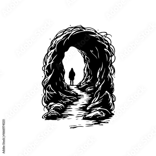 Solitary journey through the unknown portal, inviting silhouette guides exploration into the