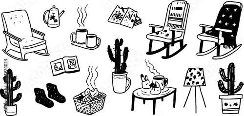 Cozy home decor elements with hand drawn rocking chairs and accessories