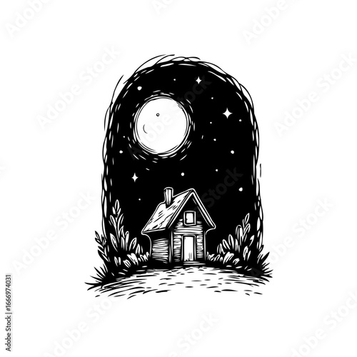 Solitary rustic cabin beneath a celestial canopy a peaceful evening scene under starry sky evoking