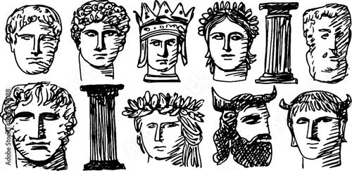 Artistic collection of hand drawn roman and greek busts with decorative details