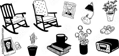 Decorative hand drawn rocking chairs and cozy home items collection for interior design projects