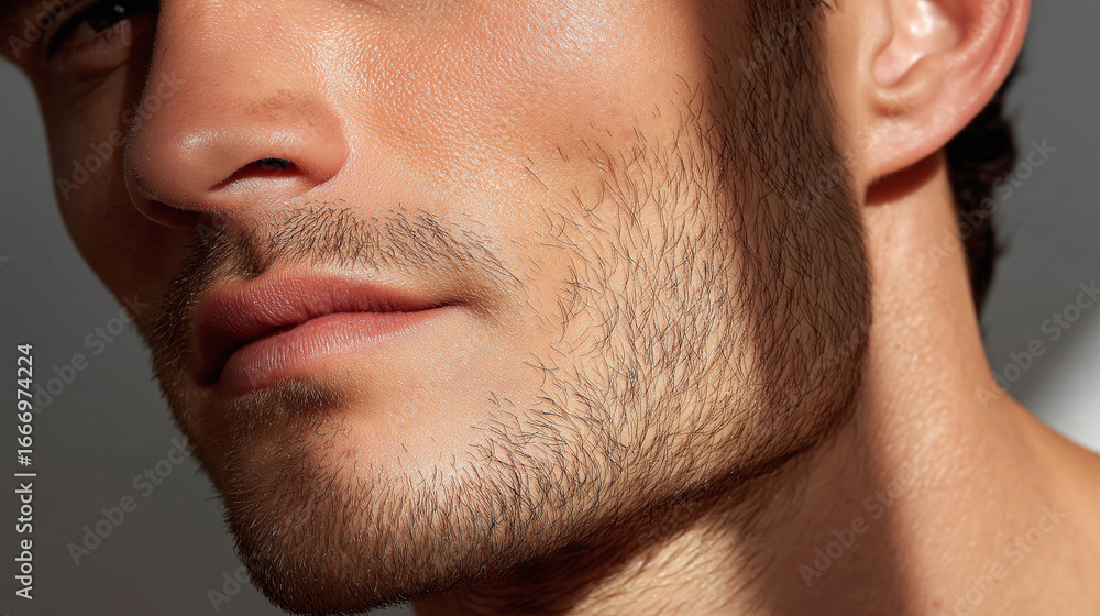 Fototapeta premium Close up of man profile with perfect even skin and light facial hair in studio lighting showing natural texture and healthy complexion