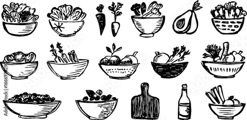 Collection of hand drawn decorative salad bowls and ingredients for culinary design