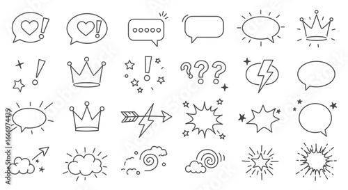Collection of Hand Drawn Doodle Speech Bubbles Exclamations Crowns Stars Arrows Lightning Bolts and Explosion Elements for Creative Communication and Design Projects