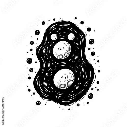 Stylized dark phantom floating with surrounding bubbles creating an ethereal feel, on clean white