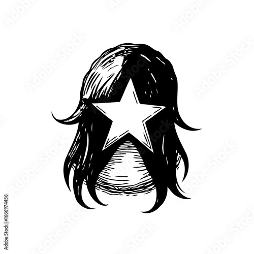 Stylized depiction of a person with a prominent star obscuring facial features and flowing hair