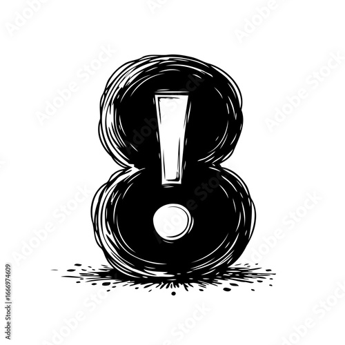 Stylized exclamation mark design with textured brush strokes creating a bold graphic statement for