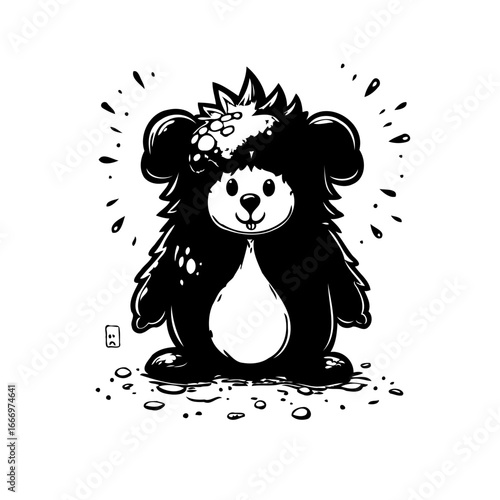 Stylized furry creature with spiky fur and bubble crown standing in a playful graphic expression