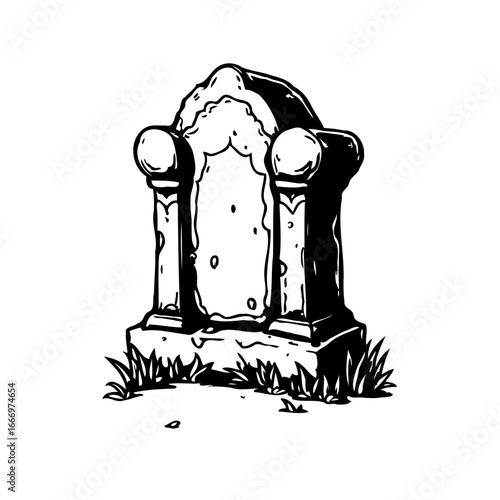 Stylized grave marker illustration showcasing classic spooky tombstone art with grassy accents