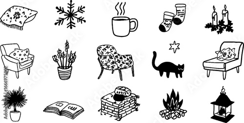 Cozy winter elements with hand drawn decorative snowflakes and winter warmth designs for seasonal decoration