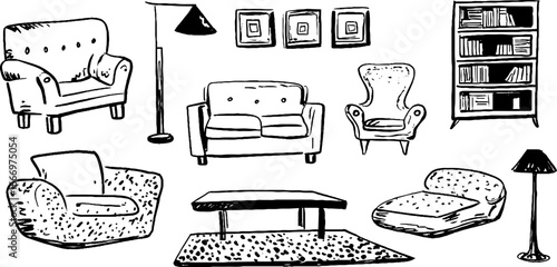 Hand drawn decorative sofa collection with cushions for interior design inspiration