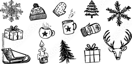 Hand drawn winter and holiday icons set with decorative snowflakes for seasonal design