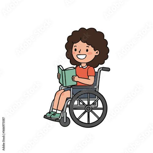 Happy girl reading a book in wheelchair on white background