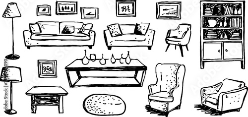 Set of hand drawn decorative sofas and furniture with cushions for interior design inspiration